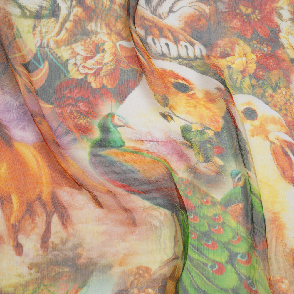 Crinkled Silk Chiffon Print - Green, Gold, and Red Flowers and Animals - Deadstock Crinkled Silk Chiffon Print - Green, Gold, and Red Flowers and Animals - Deadstock