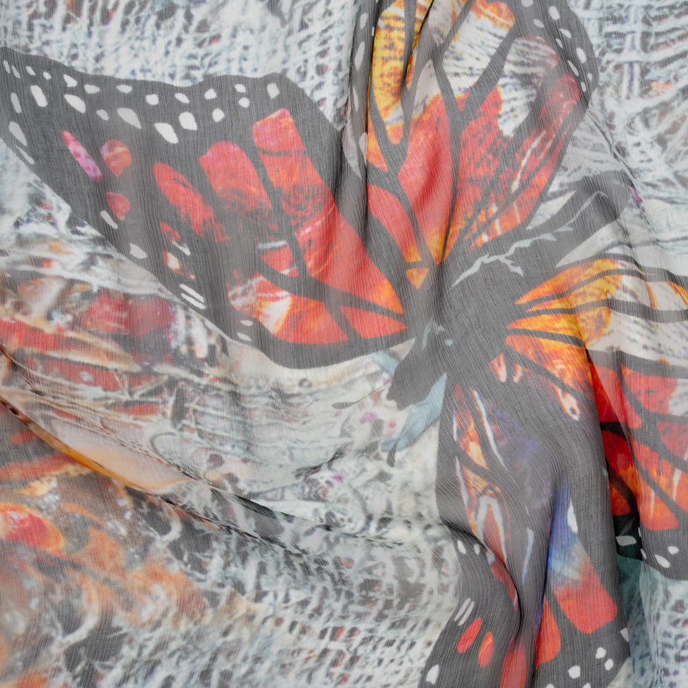 Crinkled Silk Chiffon Print - Red, Black and Yellow Large Butterfly - Deadstock Crinkled Silk Chiffon Print - Red, Black and Yellow Large Butterfly - Deadstock