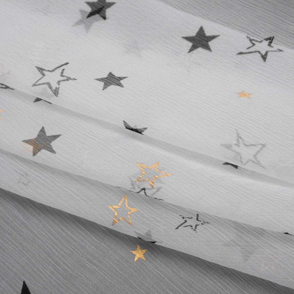 Crinkled Silk Chiffon Print - White, Black and Metallic Gold Stars - Deadstock - Folded Crinkled Silk Chiffon Print - White, Black and Metallic Gold Stars - Deadstock - Folded
