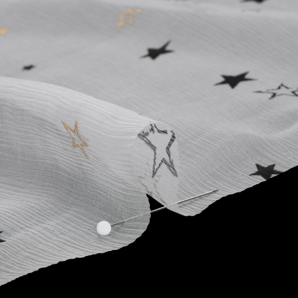Crinkled Silk Chiffon Print - White, Black and Metallic Gold Stars - Deadstock - Detail Crinkled Silk Chiffon Print - White, Black and Metallic Gold Stars - Deadstock - Detail