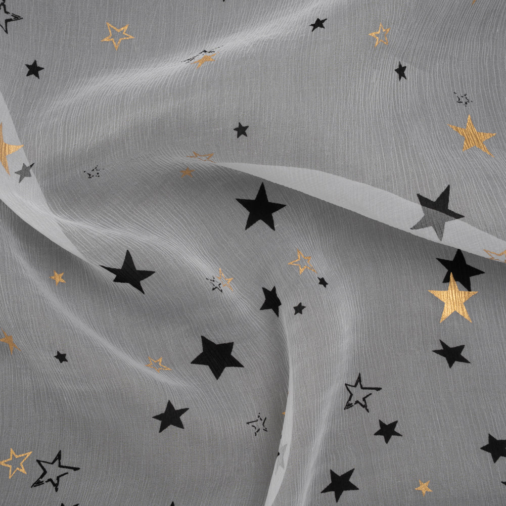 Crinkled Silk Chiffon Print - White, Black and Metallic Gold Stars - Deadstock Crinkled Silk Chiffon Print - White, Black and Metallic Gold Stars - Deadstock