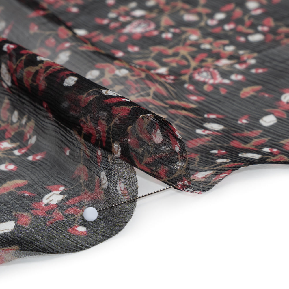 Crinkled Silk Chiffon Print - Red, Brown and Black Paisley and Budding Vines - Deadstock - Detail Crinkled Silk Chiffon Print - Red, Brown and Black Paisley and Budding Vines - Deadstock - Detail