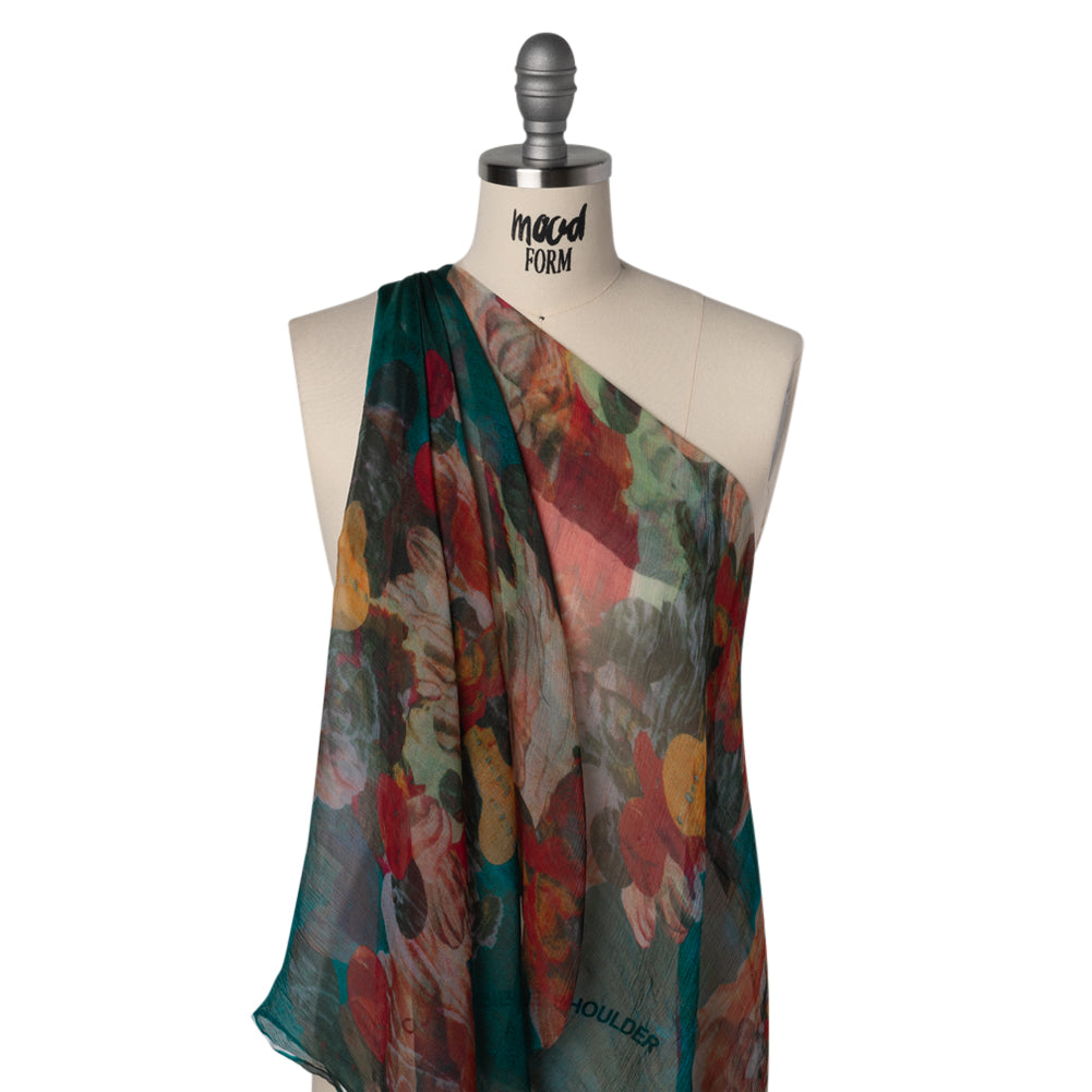 Crinkled Silk Chiffon Print - Dark Teal, Green and Red Abstract Florals - Deadstock - Drape Crinkled Silk Chiffon Print - Dark Teal, Green and Red Abstract Florals - Deadstock - Drape