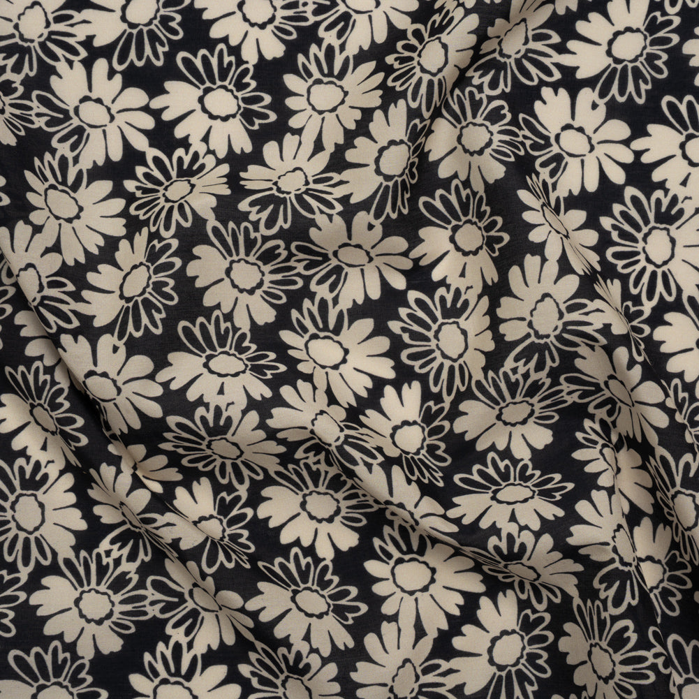 Silk and Cotton Voile Print - Cream and Black Floral - Deadstock Silk and Cotton Voile Print - Cream and Black Floral - Deadstock