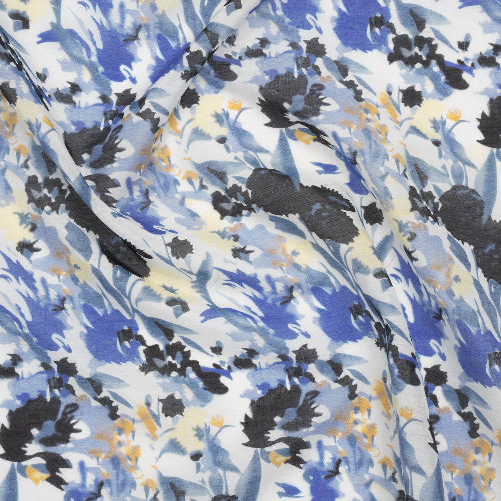 Silk and Cotton Voile Print - Blue, Yellow and White Floral - Deadstock Silk and Cotton Voile Print - Blue, Yellow and White Floral - Deadstock