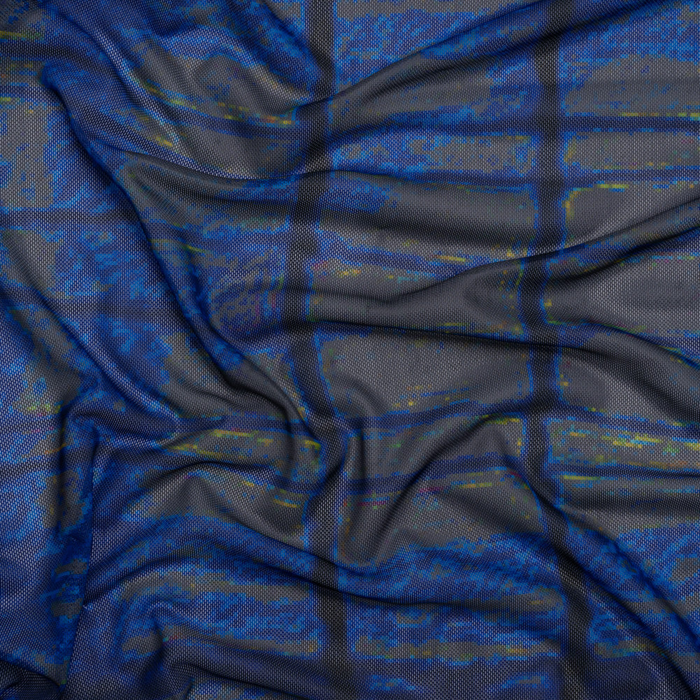 Polyester Stretch Mesh - Electric Blue, Olive and Black Abstract Plaid - Designer Deadstock Polyester Stretch Mesh - Electric Blue, Olive and Black Abstract Plaid - Designer Deadstock