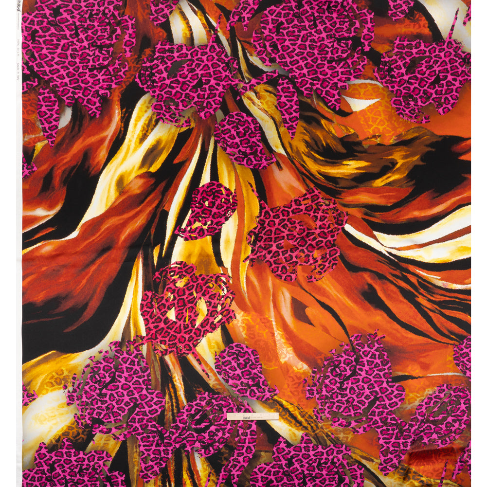 Silk Charmeuse Panel 16MM, Made in Italy - Hot Pink, Red and Beige Abstract Flow with Leopard Print Floral Silhouettes - Full Silk Charmeuse Panel 16MM, Made in Italy - Hot Pink, Red and Beige Abstract Flow with Leopard Print Floral Silhouettes - Full