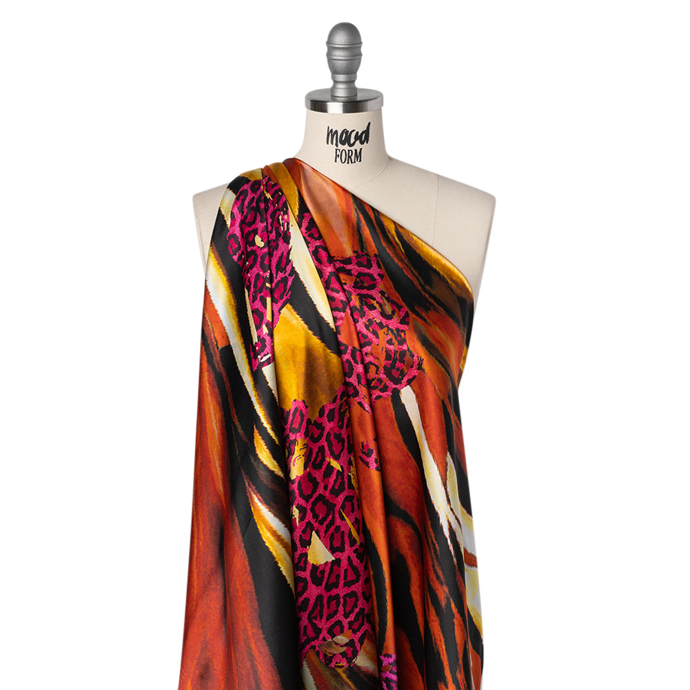 Silk Charmeuse Panel 16MM, Made in Italy - Hot Pink, Red and Beige Abstract Flow with Leopard Print Floral Silhouettes - Drape Silk Charmeuse Panel 16MM, Made in Italy - Hot Pink, Red and Beige Abstract Flow with Leopard Print Floral Silhouettes - Drape
