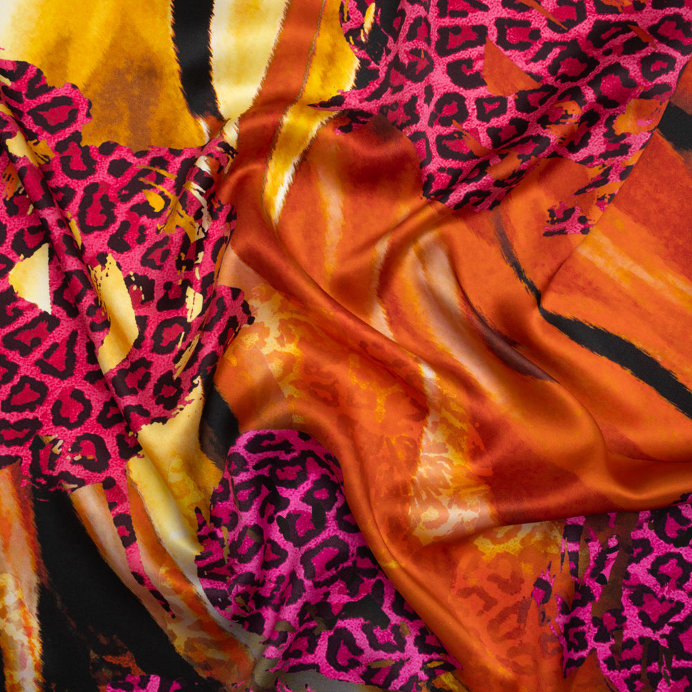 Silk Charmeuse Panel 16MM, Made in Italy - Hot Pink, Red and Beige Abstract Flow with Leopard Print Floral Silhouettes Silk Charmeuse Panel 16MM, Made in Italy - Hot Pink, Red and Beige Abstract Flow with Leopard Print Floral Silhouettes