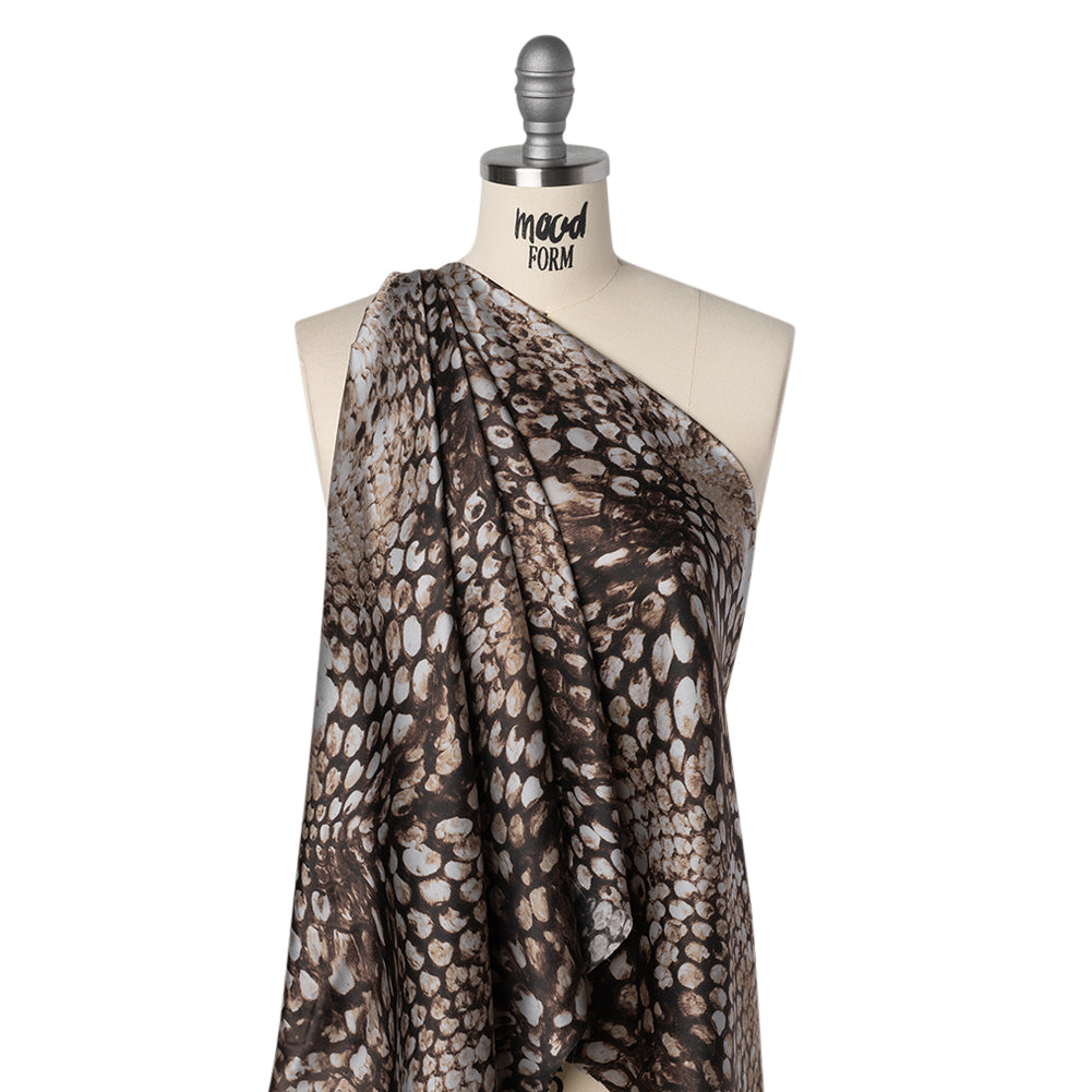 Silk Charmeuse Print 16MM, Made in Italy - Brown and Beige Giant Snakeskin - Drape Silk Charmeuse Print 16MM, Made in Italy - Brown and Beige Giant Snakeskin - Drape
