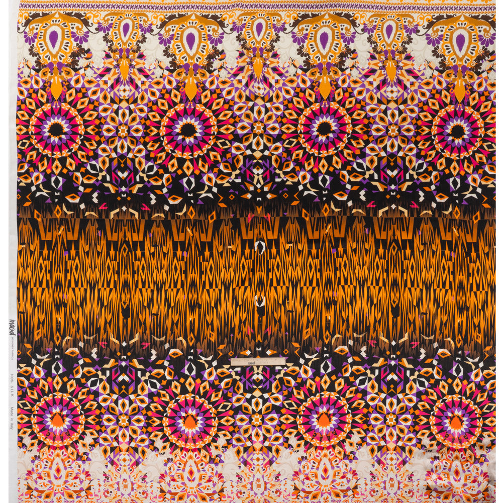 Silk Charmeuse Panel 16MM, Made in Italy - Pink, Purple and Orange Geometric Kaleidoscope Medallions - Full Silk Charmeuse Panel 16MM, Made in Italy - Pink, Purple and Orange Geometric Kaleidoscope Medallions - Full