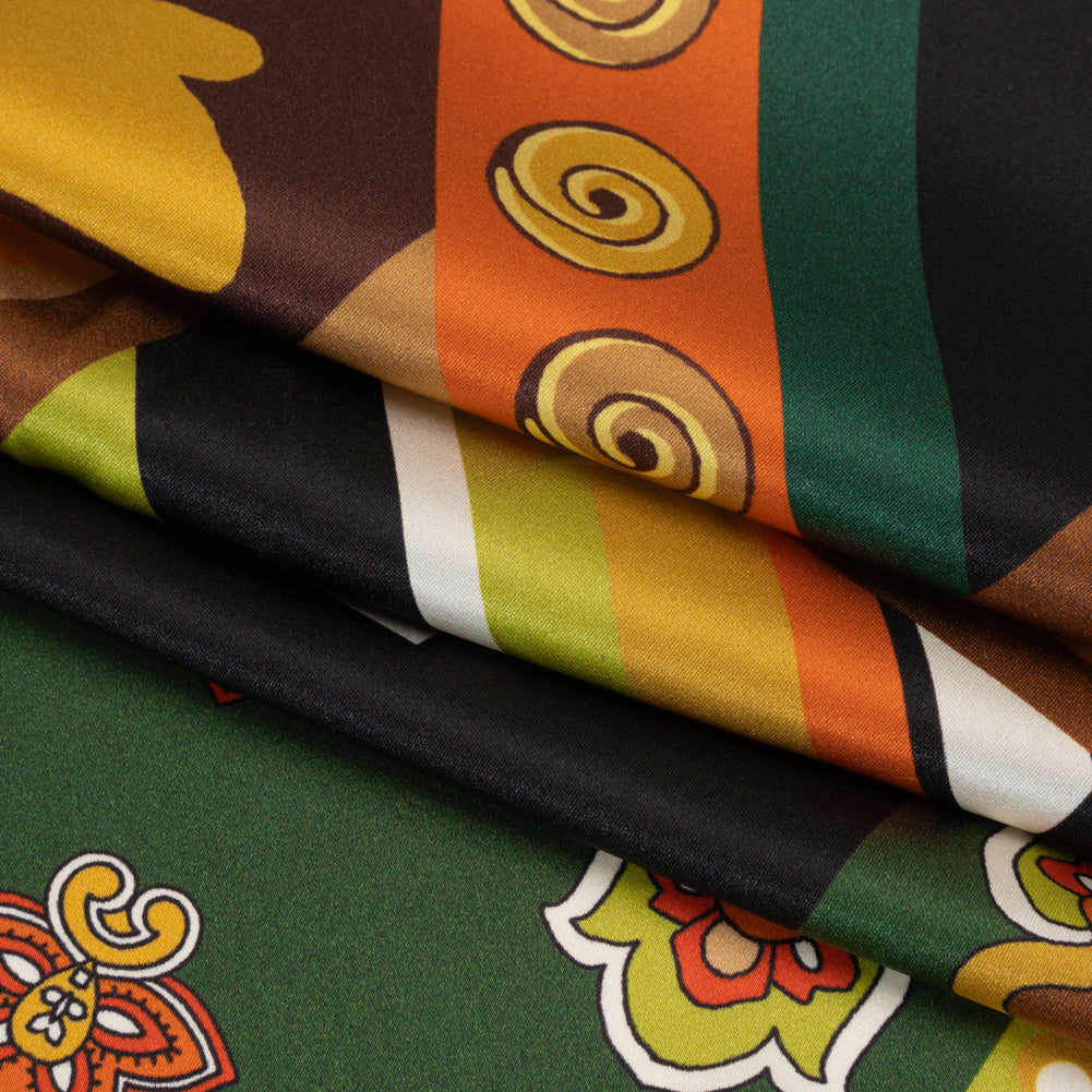 Silk Charmeuse Print 16MM, Made in Italy - Green, Brown and Orange Patchwork Squares with Flowers and Stripes - Folded Silk Charmeuse Print 16MM, Made in Italy - Green, Brown and Orange Patchwork Squares with Flowers and Stripes - Folded