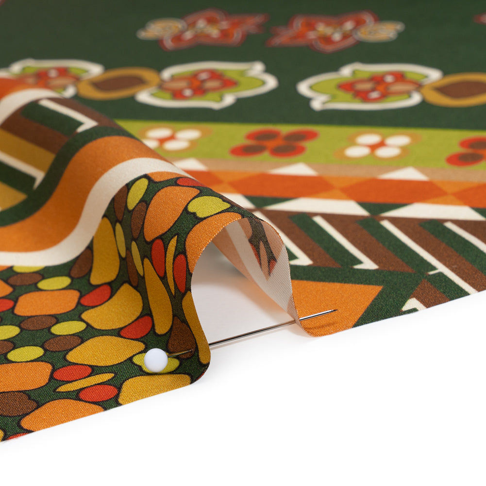Silk Charmeuse Print 16MM, Made in Italy - Green, Brown and Orange Patchwork Squares with Flowers and Stripes - Detail Silk Charmeuse Print 16MM, Made in Italy - Green, Brown and Orange Patchwork Squares with Flowers and Stripes - Detail