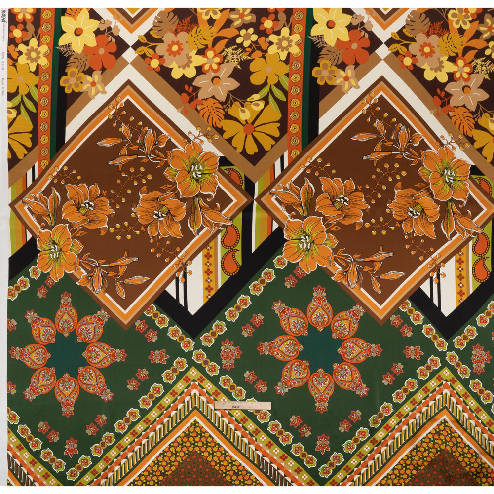 Silk Charmeuse Print 16MM, Made in Italy - Green, Brown and Orange Patchwork Squares with Flowers and Stripes - Full Silk Charmeuse Print 16MM, Made in Italy - Green, Brown and Orange Patchwork Squares with Flowers and Stripes - Full