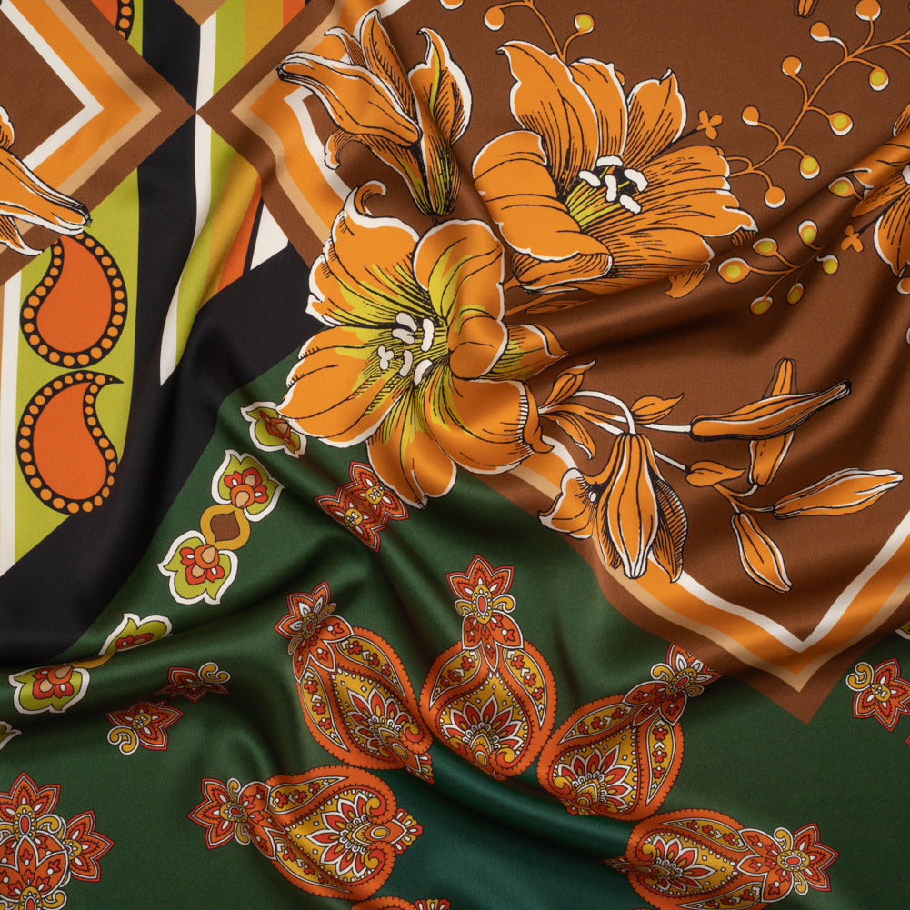 Silk Charmeuse Print 16MM, Made in Italy - Green, Brown and Orange Patchwork Squares with Flowers and Stripes Silk Charmeuse Print 16MM, Made in Italy - Green, Brown and Orange Patchwork Squares with Flowers and Stripes