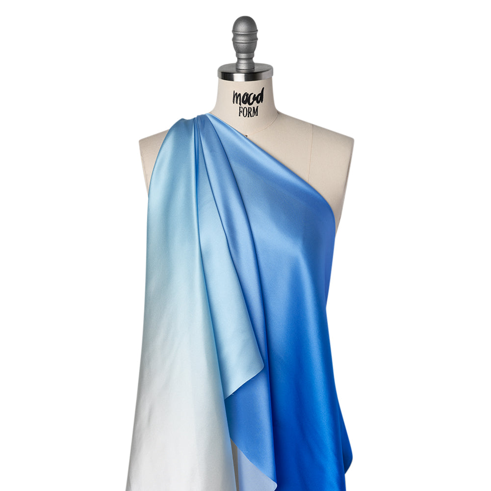 Silk Charmeuse Print 16MM, Made in Italy - White to Bright Blue Ombre - Drape Silk Charmeuse Print 16MM, Made in Italy - White to Bright Blue Ombre - Drape