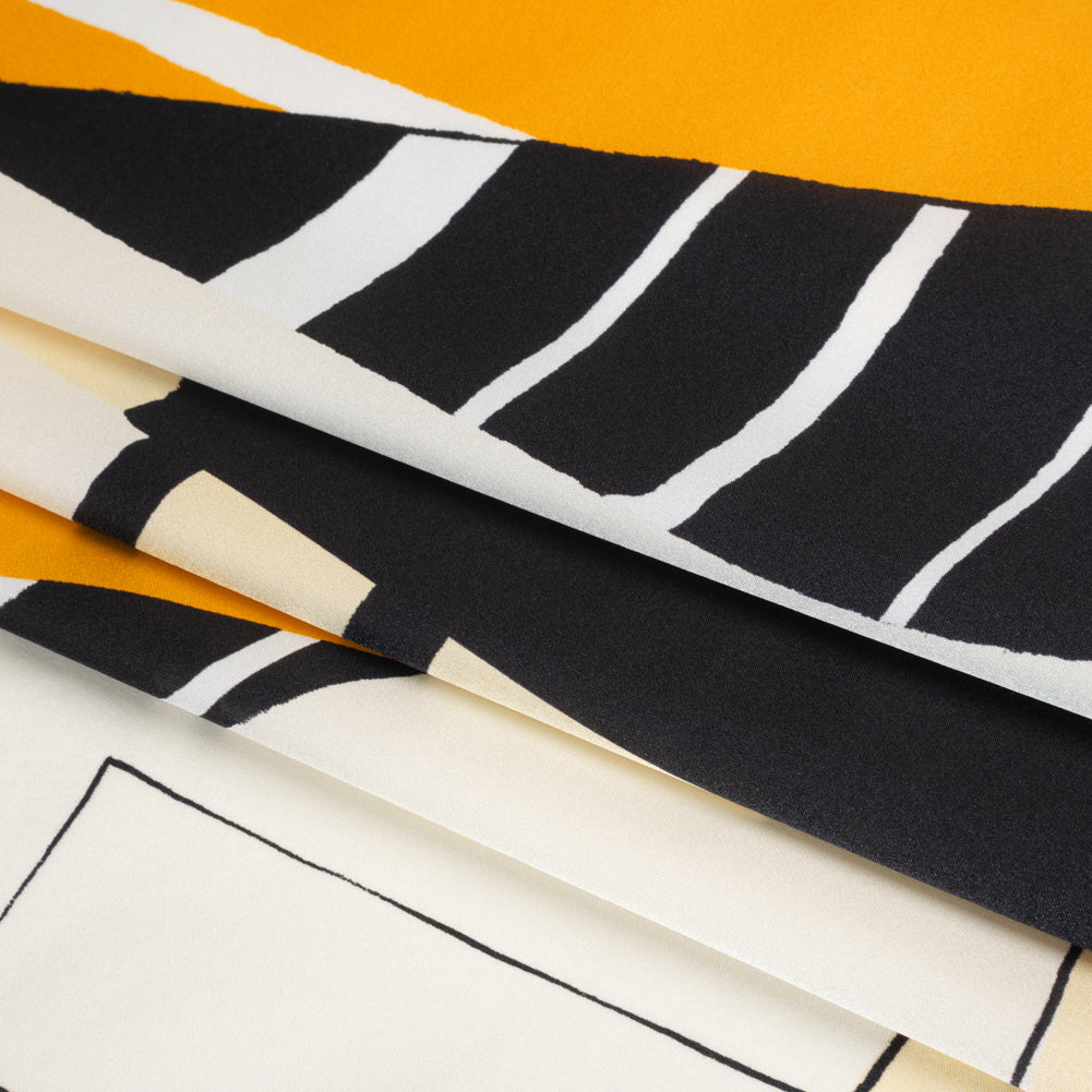 Silk Charmeuse Print 16MM, Made in Italy - Off White, Golden Yellow and Black Abstract - Folded Silk Charmeuse Print 16MM, Made in Italy - Off White, Golden Yellow and Black Abstract - Folded