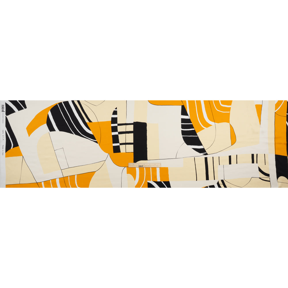 Silk Charmeuse Print 16MM, Made in Italy - Off White, Golden Yellow and Black Abstract - Full Silk Charmeuse Print 16MM, Made in Italy - Off White, Golden Yellow and Black Abstract - Full