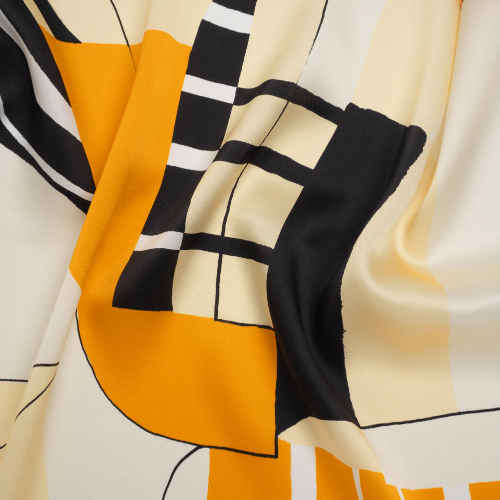 Silk Charmeuse Print 16MM, Made in Italy - Off White, Golden Yellow and Black Abstract Silk Charmeuse Print 16MM, Made in Italy - Off White, Golden Yellow and Black Abstract