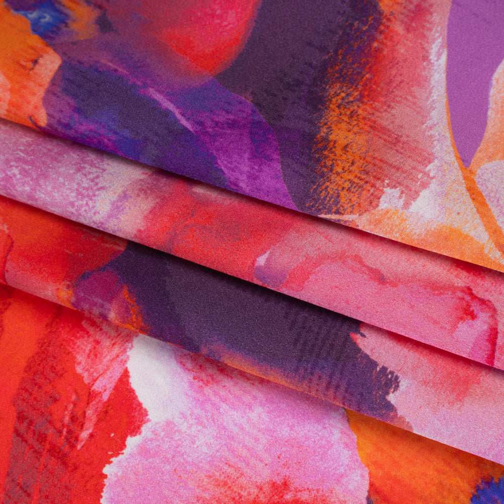 Silk Charmeuse Print 16MM, Made in Italy - Purple, Crimson and Orange Watercolor Flowers - Folded Silk Charmeuse Print 16MM, Made in Italy - Purple, Crimson and Orange Watercolor Flowers - Folded