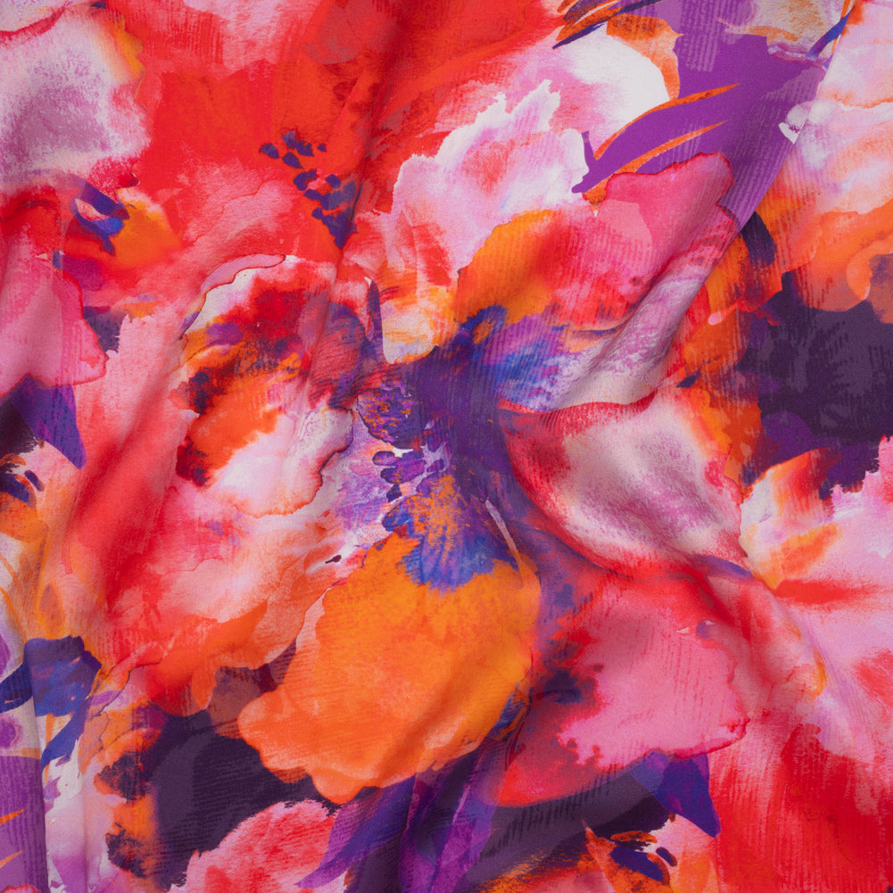 Silk Charmeuse Print 16MM, Made in Italy - Purple, Crimson and Orange Watercolor Flowers Silk Charmeuse Print 16MM, Made in Italy - Purple, Crimson and Orange Watercolor Flowers