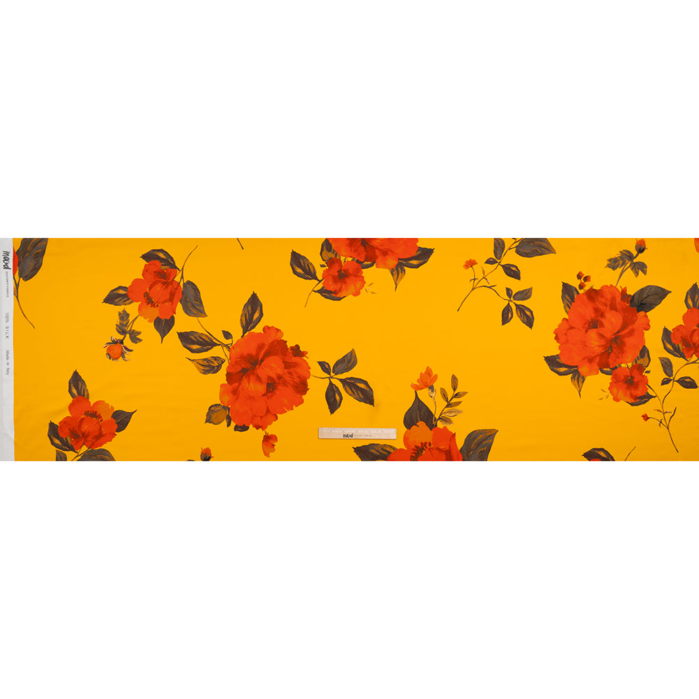Silk Charmeuse Print 16MM, Made in Italy - Golden Yellow and Red Scattered Roses - Full Silk Charmeuse Print 16MM, Made in Italy - Golden Yellow and Red Scattered Roses - Full