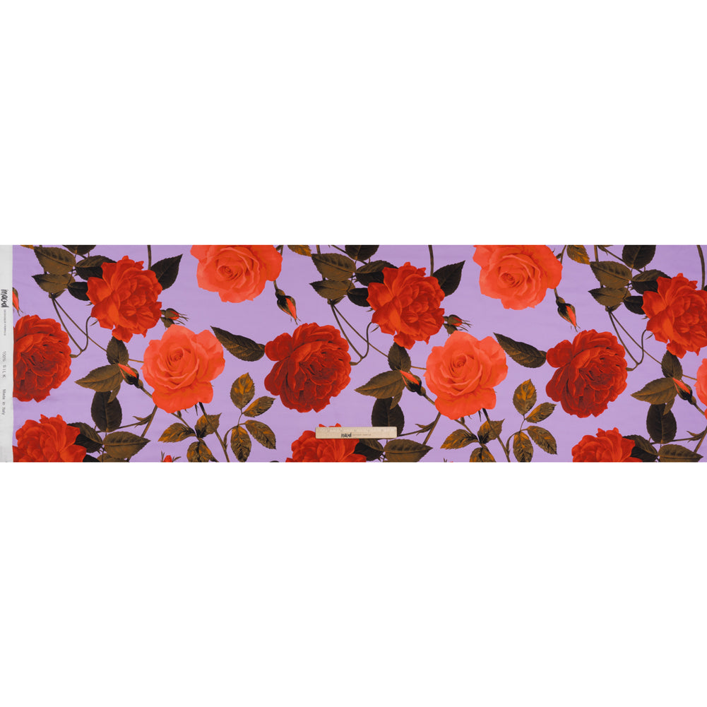 Silk Charmeuse Print 16MM, Made in Italy - Lavender, Red and Olive Green Roses and Stems - Full Silk Charmeuse Print 16MM, Made in Italy - Lavender, Red and Olive Green Roses and Stems - Full
