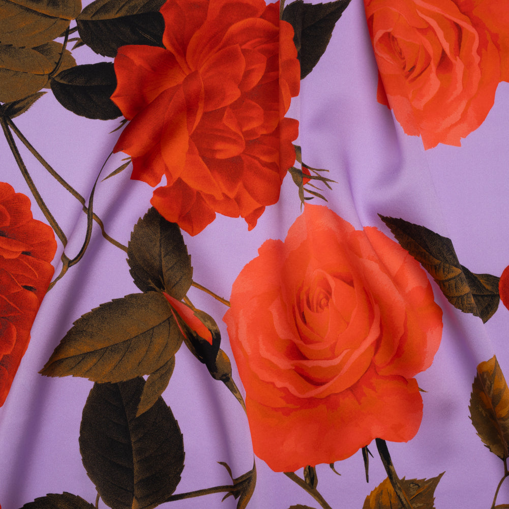 Silk Charmeuse Print 16MM, Made in Italy - Lavender, Red and Olive Green Roses and Stems Silk Charmeuse Print 16MM, Made in Italy - Lavender, Red and Olive Green Roses and Stems