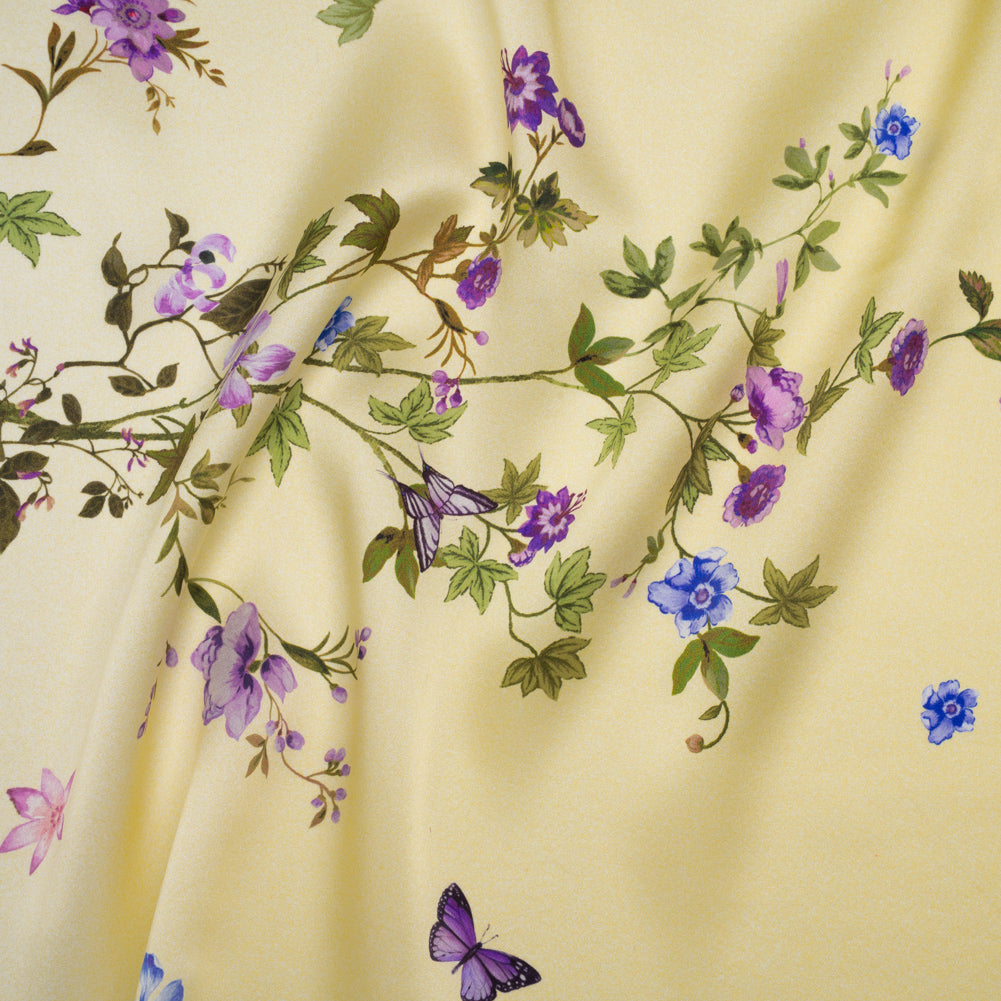 Silk Charmeuse Print 16MM, Made in Italy - Yellow Ombre with Purple and Blue Floral Borders Silk Charmeuse Print 16MM, Made in Italy - Yellow Ombre with Purple and Blue Floral Borders