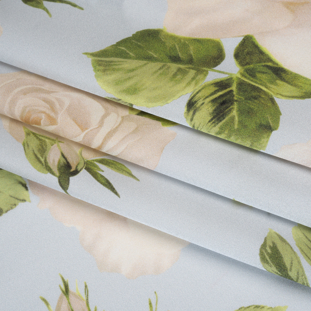 Silk Charmeuse Print 16MM, Made in Italy - Pale Blue, White and Green Bunches of Roses - Folded Silk Charmeuse Print 16MM, Made in Italy - Pale Blue, White and Green Bunches of Roses - Folded