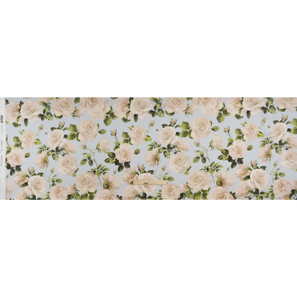 Silk Charmeuse Print 16MM, Made in Italy - Pale Blue, White and Green Bunches of Roses - Full Silk Charmeuse Print 16MM, Made in Italy - Pale Blue, White and Green Bunches of Roses - Full