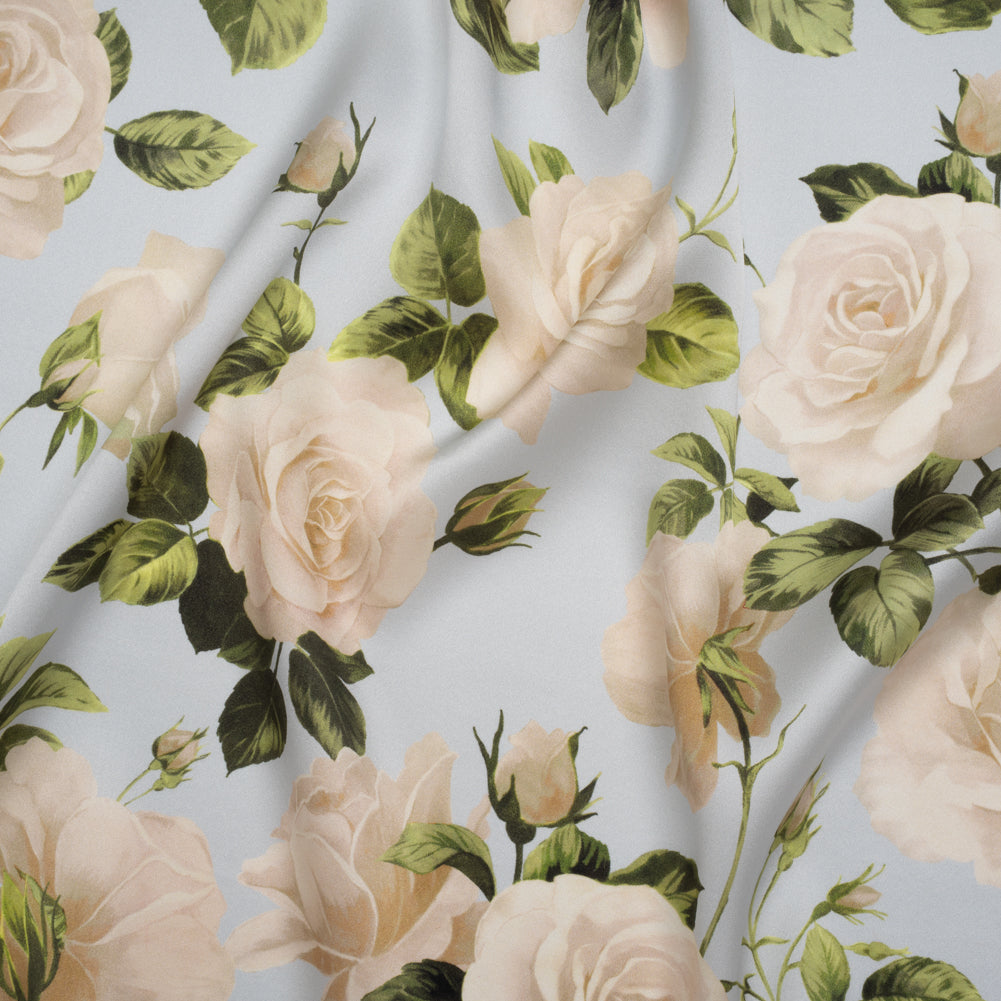 Silk Charmeuse Print 16MM, Made in Italy - Pale Blue, White and Green Bunches of Roses Silk Charmeuse Print 16MM, Made in Italy - Pale Blue, White and Green Bunches of Roses