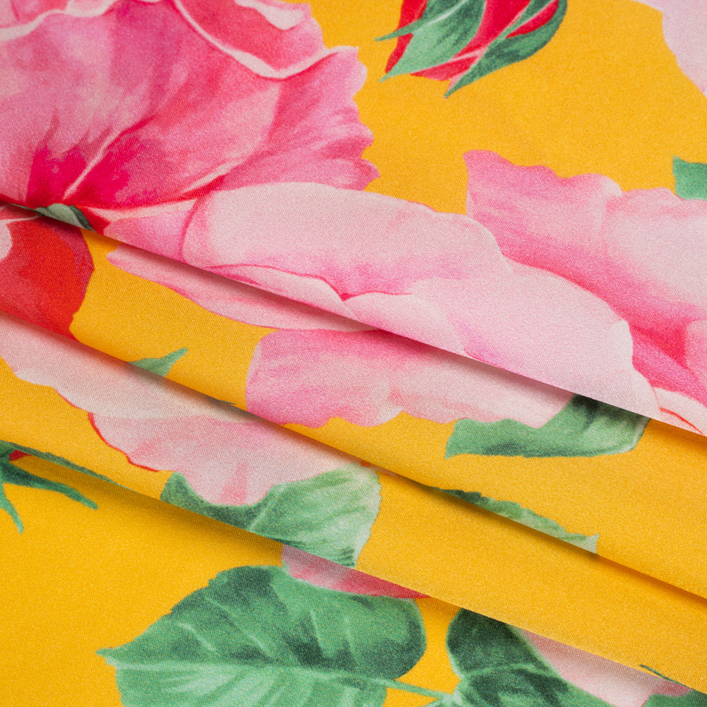 Silk Charmeuse Print 16MM, Made in Italy - Yellow, Pink and Green Bunches of Roses - Folded Silk Charmeuse Print 16MM, Made in Italy - Yellow, Pink and Green Bunches of Roses - Folded