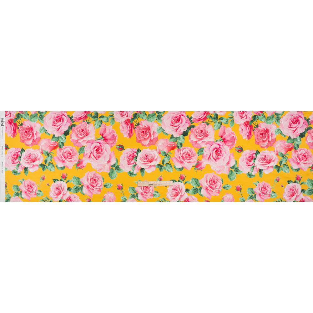 Silk Charmeuse Print 16MM, Made in Italy - Yellow, Pink and Green Bunches of Roses - Full Silk Charmeuse Print 16MM, Made in Italy - Yellow, Pink and Green Bunches of Roses - Full