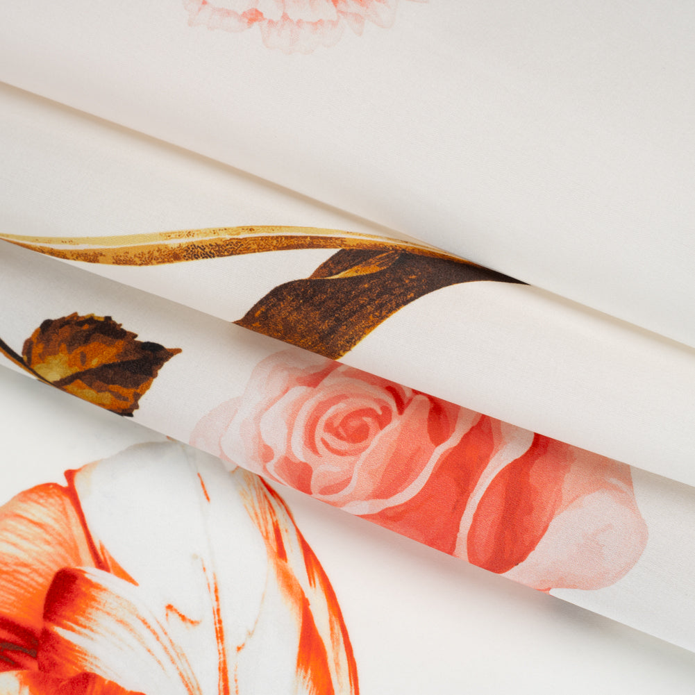 Heavy Silk Satin-Faced Organza, Made in Italy - Pink, White and Green Scattered Tulips and Roses - Folded Heavy Silk Satin-Faced Organza, Made in Italy - Pink, White and Green Scattered Tulips and Roses - Folded
