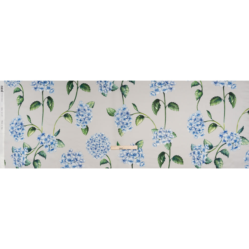 Heavy Silk Satin-Faced Organza, Made in Italy - Pale Gray, Blue and Green Hydrangeas - Full Heavy Silk Satin-Faced Organza, Made in Italy - Pale Gray, Blue and Green Hydrangeas - Full