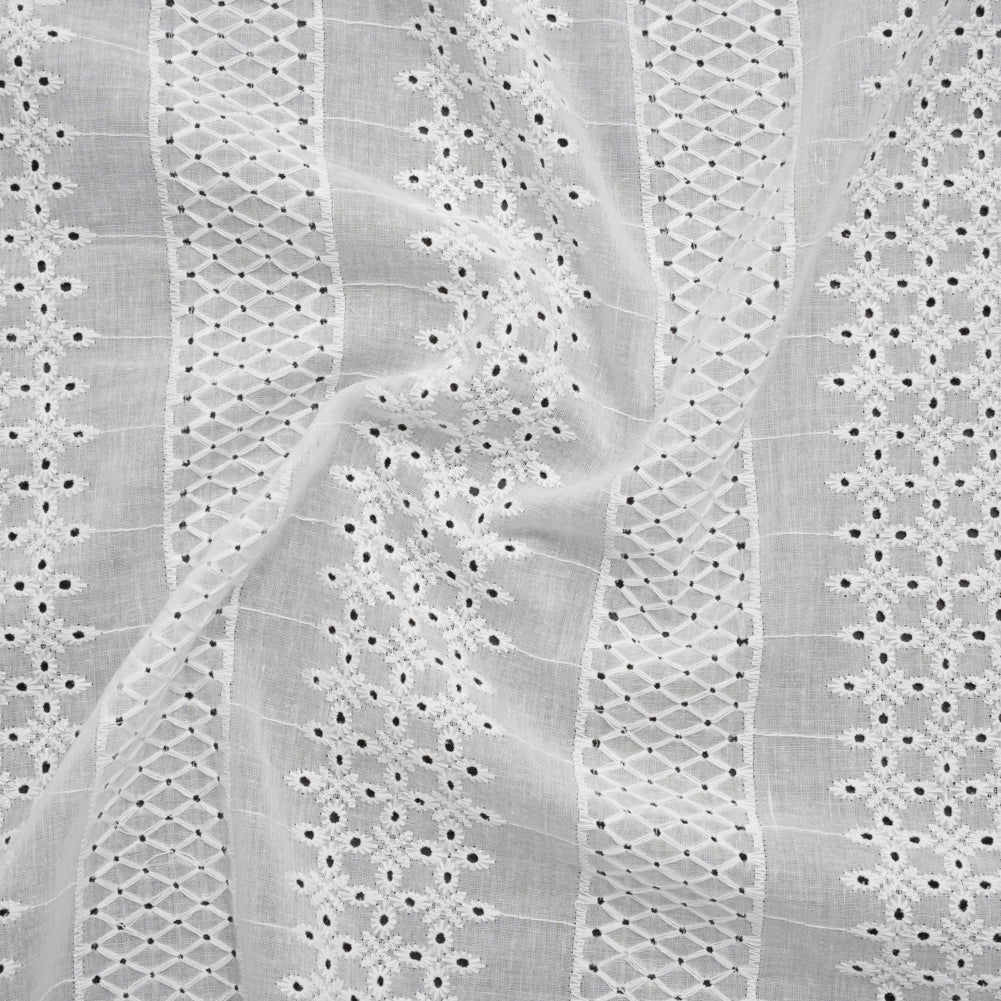 Embroidered Eyelet Cotton Voile - White Lattice and Floral Stripes - Naomi Collection Embroidered Eyelet Cotton Voile - White Lattice and Floral Stripes - Naomi Collection