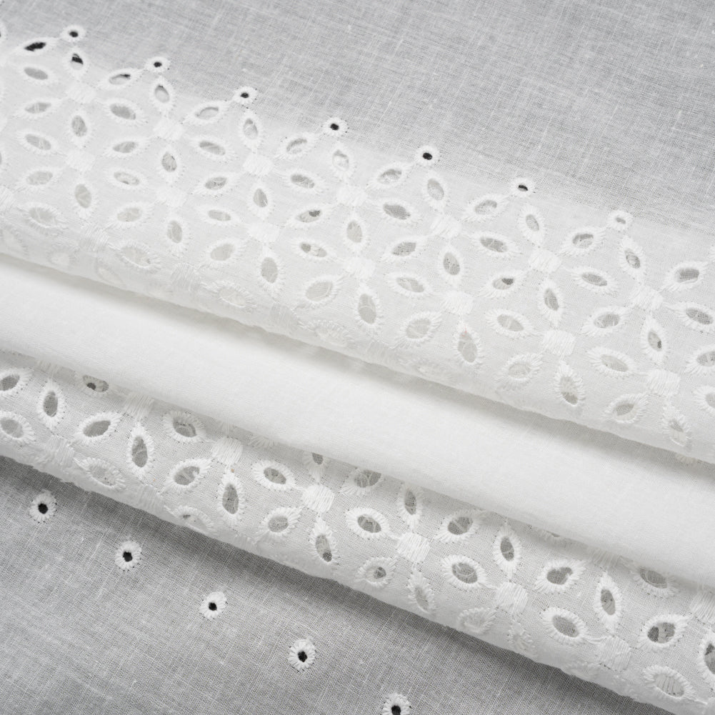 Embroidered Eyelet Cotton Voile - White Floral and Dot Stripes with Scalloped Border - Naomi Collection - Folded Embroidered Eyelet Cotton Voile - White Floral and Dot Stripes with Scalloped Border - Naomi Collection - Folded