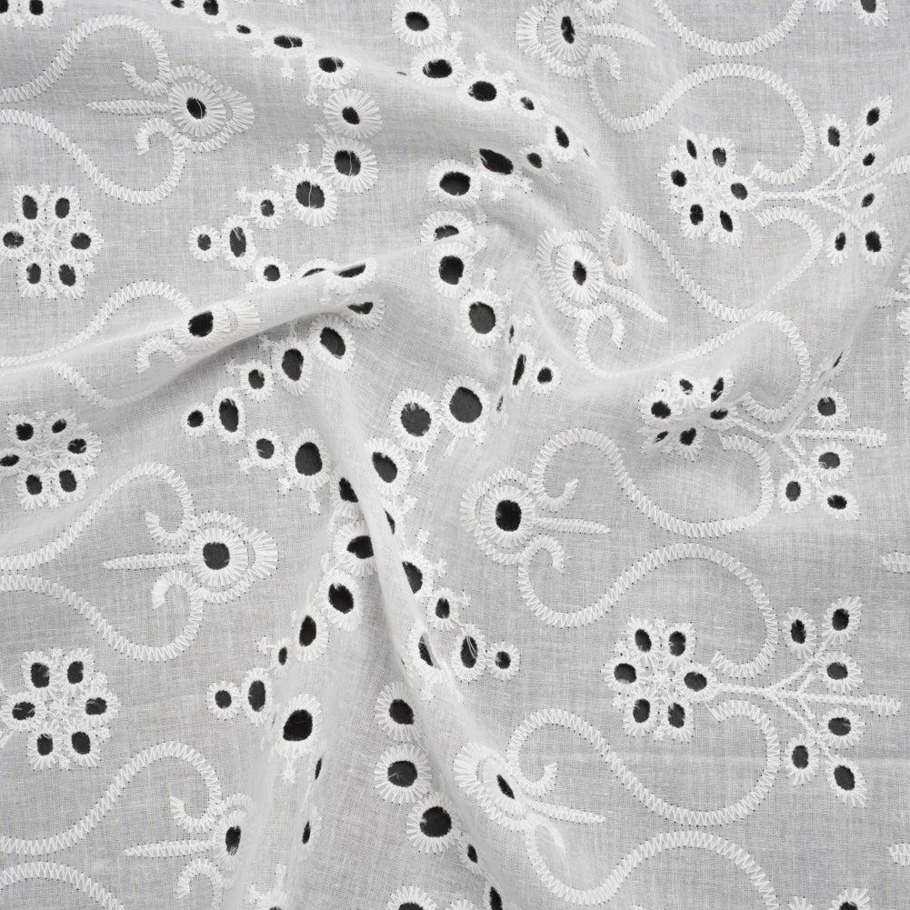 Embroidered Eyelet Cotton Voile - White Flowers and Swirls with Scalloped Borders - Naomi Collection Embroidered Eyelet Cotton Voile - White Flowers and Swirls with Scalloped Borders - Naomi Collection