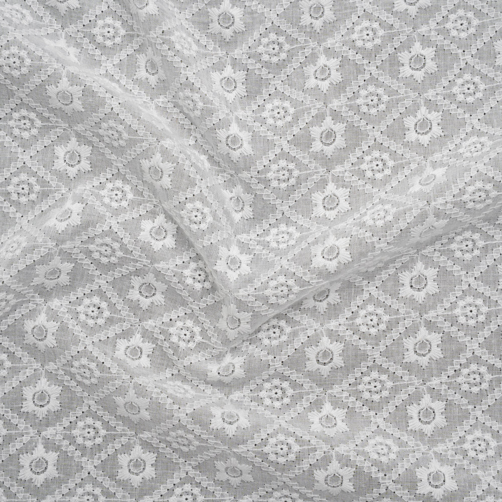 Embroidered Eyelet Cotton Voile - White Flowers in Diamond Lattice - Naomi Collection Embroidered Eyelet Cotton Voile - White Flowers in Diamond Lattice - Naomi Collection