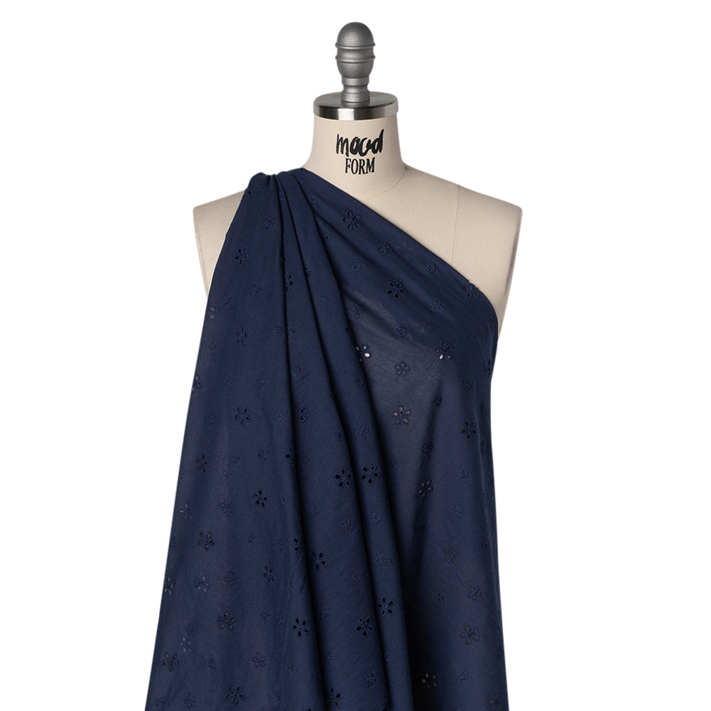 Embroidered Eyelet Cotton Voile - Medieval Blue Floating Flowers - Naomi Collection - Drape Embroidered Eyelet Cotton Voile - Medieval Blue Floating Flowers - Naomi Collection - Drape