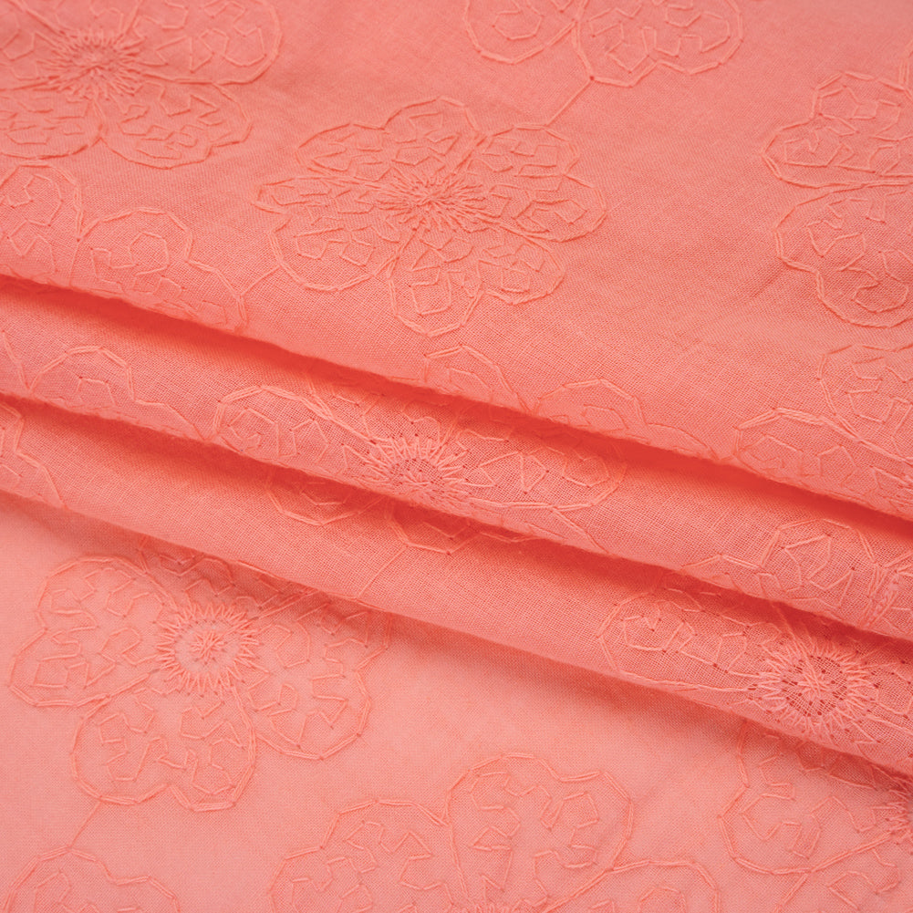 Embroidered Eyelet Cotton Voile - Warm Coral Big Tossed Flowers - Naomi Collection - Folded Embroidered Eyelet Cotton Voile - Warm Coral Big Tossed Flowers - Naomi Collection - Folded