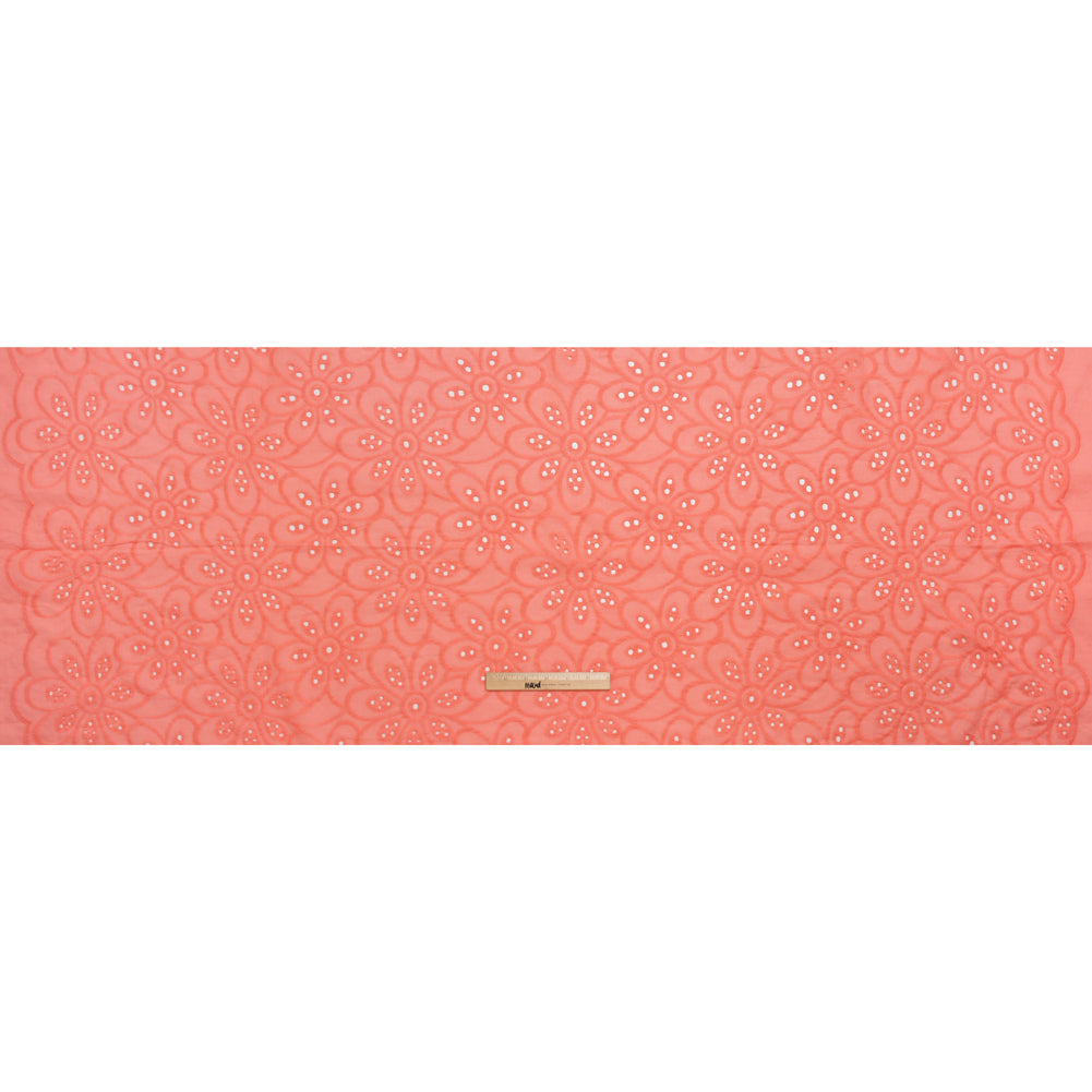 Embroidered Eyelet Cotton Voile - Warm Coral Big Flowers - Naomi Collection - Full Embroidered Eyelet Cotton Voile - Warm Coral Big Flowers - Naomi Collection - Full