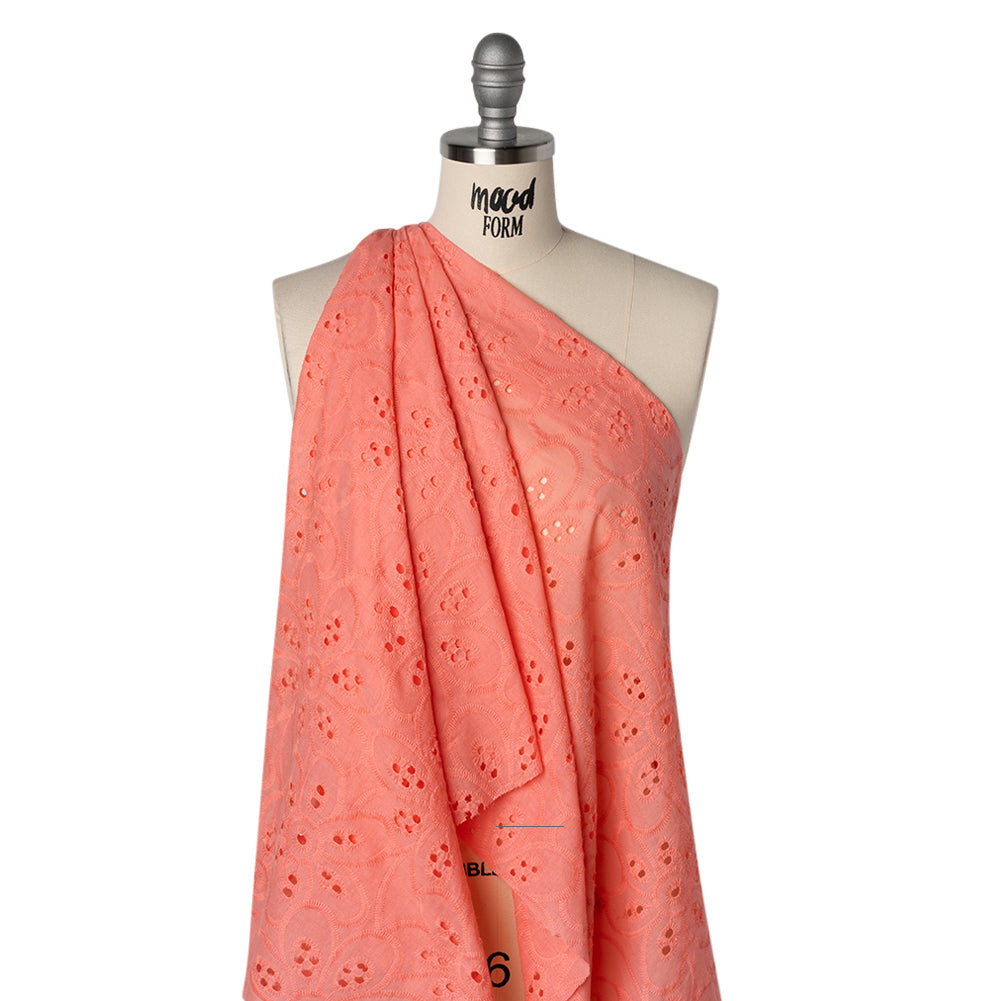 Embroidered Eyelet Cotton Voile - Warm Coral Big Flowers - Naomi Collection - Drape Embroidered Eyelet Cotton Voile - Warm Coral Big Flowers - Naomi Collection - Drape