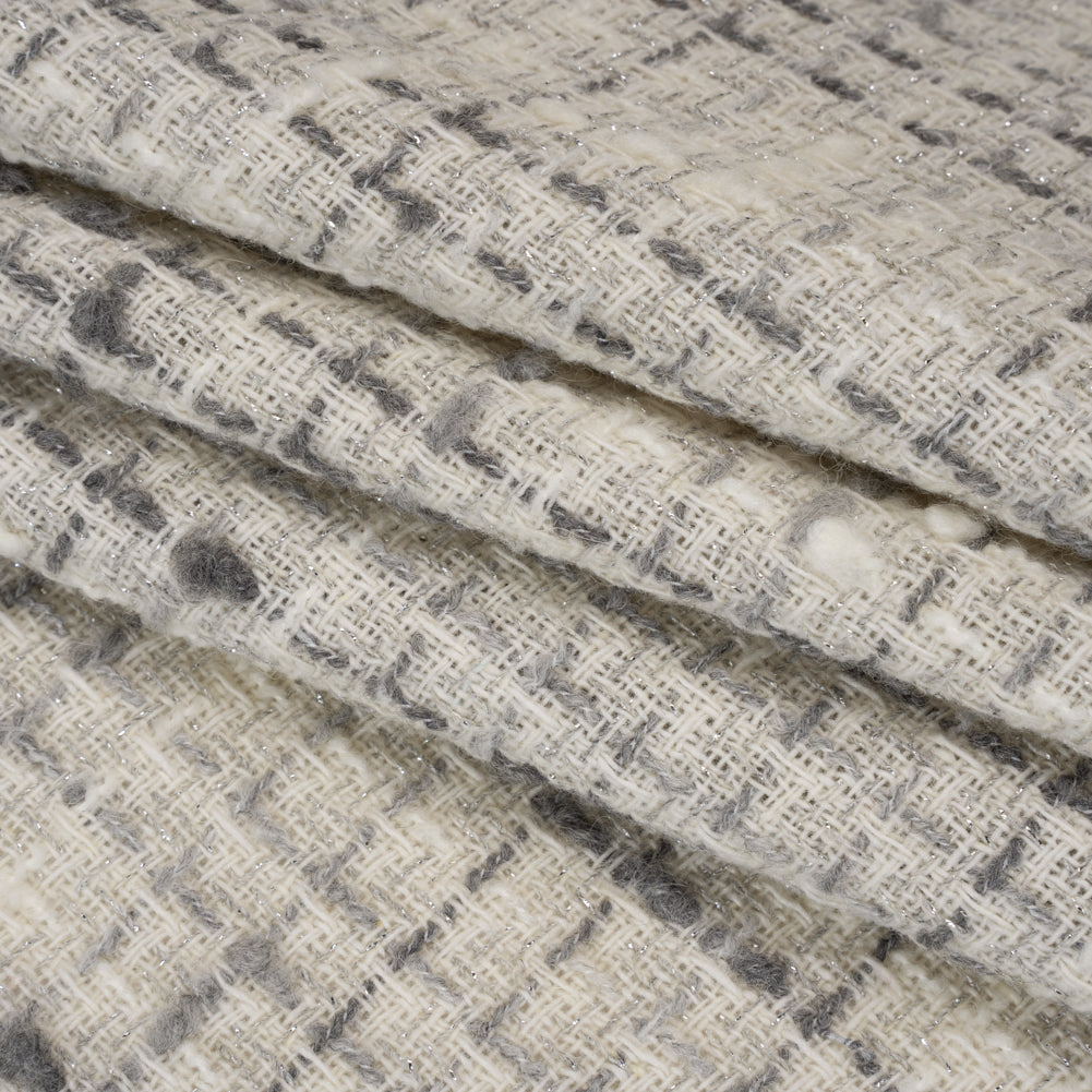 Metallic Wool Blend Boucle Tweed Made in Italy - Ivory, Gray and Silver Plaid - Deadstock - Folded Metallic Wool Blend Boucle Tweed Made in Italy - Ivory, Gray and Silver Plaid - Deadstock - Folded