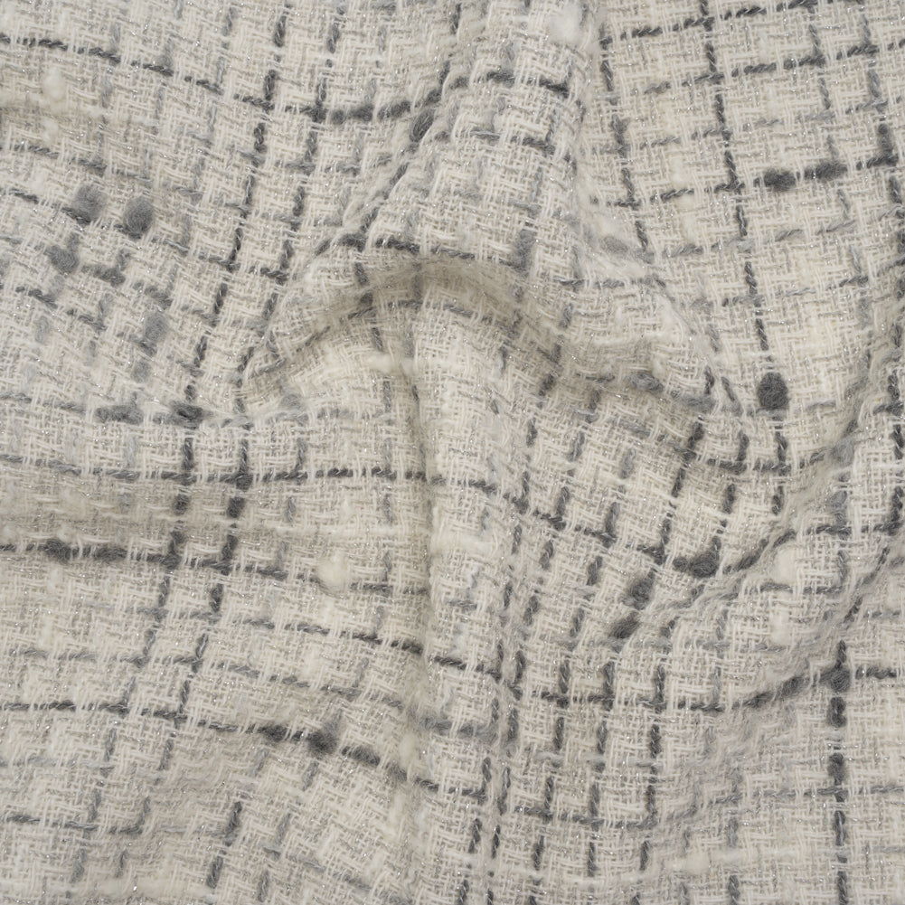 Metallic Wool Blend Boucle Tweed Made in Italy - Ivory, Gray and Silver Plaid - Deadstock Metallic Wool Blend Boucle Tweed Made in Italy - Ivory, Gray and Silver Plaid - Deadstock