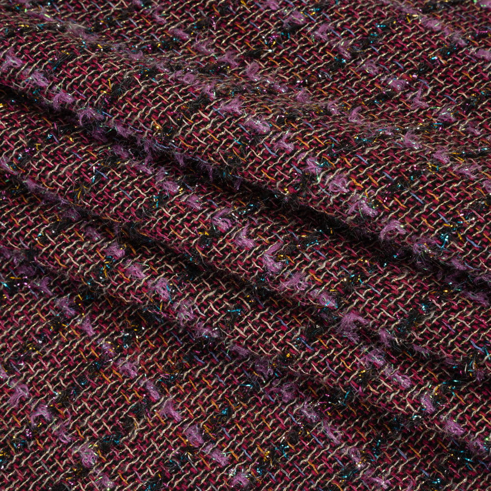 Metallic Wool Blend Tweed Woven with Eyelash Fringe Made in Italy - Purple, Black and Pink Checks - Deadstock - Folded Metallic Wool Blend Tweed Woven with Eyelash Fringe Made in Italy - Purple, Black and Pink Checks - Deadstock - Folded