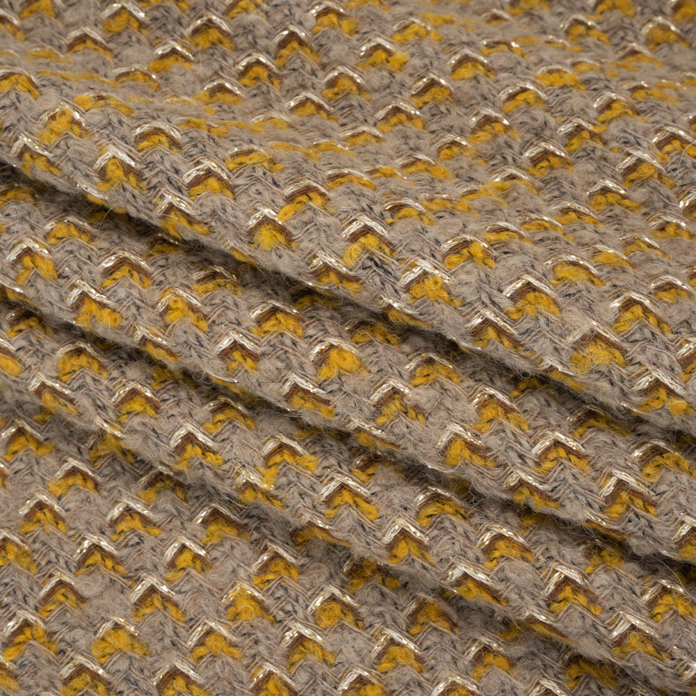 Metallic Wool Blend Tweed Twill Made in Italy - Beige, Yellow Ochre and Gold Zig Zags - Deadstock - Folded Metallic Wool Blend Tweed Twill Made in Italy - Beige, Yellow Ochre and Gold Zig Zags - Deadstock - Folded