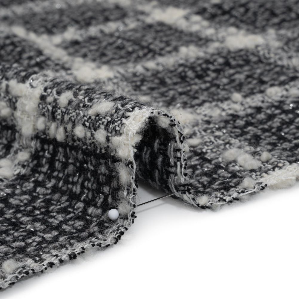 Metallic Wool Blend Tweedy Boucle Made in Italy - Black, Gray and Ivory Windowpane Checks - Deadstock - Detail Metallic Wool Blend Tweedy Boucle Made in Italy - Black, Gray and Ivory Windowpane Checks - Deadstock - Detail