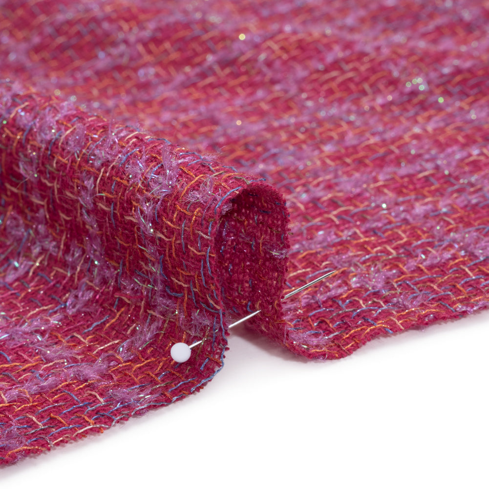 Metallic Wool Blend Tweed Woven with Eyelash Fringe Made in Italy - Pink, Orchid and Iridescent Checks - Deadstock - Detail Metallic Wool Blend Tweed Woven with Eyelash Fringe Made in Italy - Pink, Orchid and Iridescent Checks - Deadstock - Detail